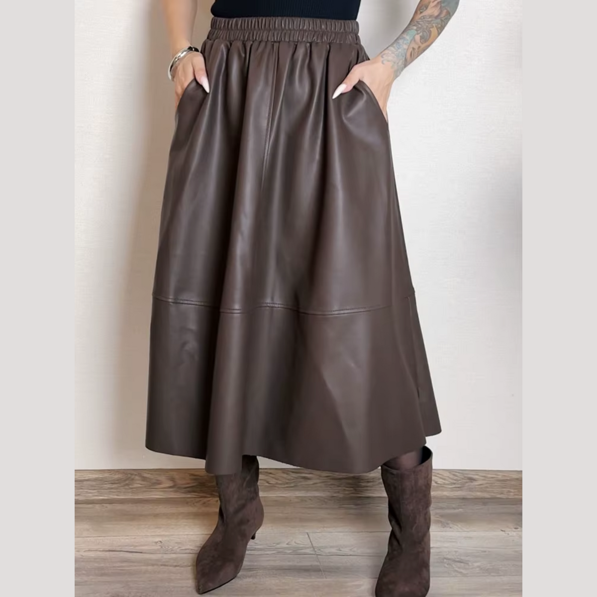 Celestina - Faux Leather A-Line Midi Skirt