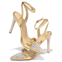 Crystal Pointed Toe Buckle Strap High Heels