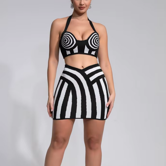 Alani - Halter Striped Bandage Skirt Two Piece Set