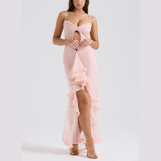 Elvira - Pink Spaghetti Strap Mesh High Low Bodycon Dress