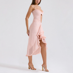 Elvira - Pink Spaghetti Strap Mesh High Low Bodycon Dress