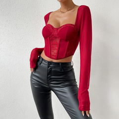 Ginevra - Red Sheer Mesh & Lace Crop Top