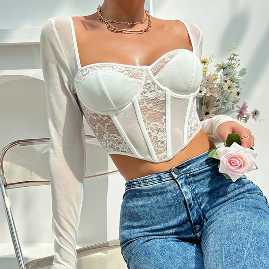 Ginevra - White Sheer Mesh & Lace Crop Top