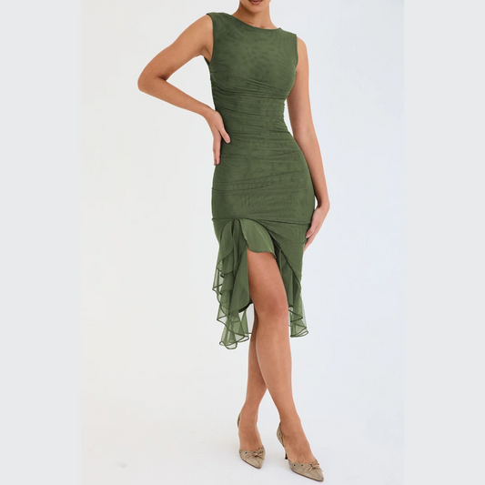 Grace - Green Ruffle Ruched Bodycon Dress