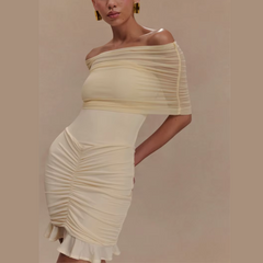 Hazel - Beige Mesh Off Shoulder Ruffled Dress