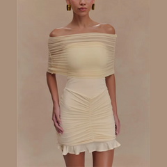 Hazel - Beige Mesh Off Shoulder Ruffled Dress