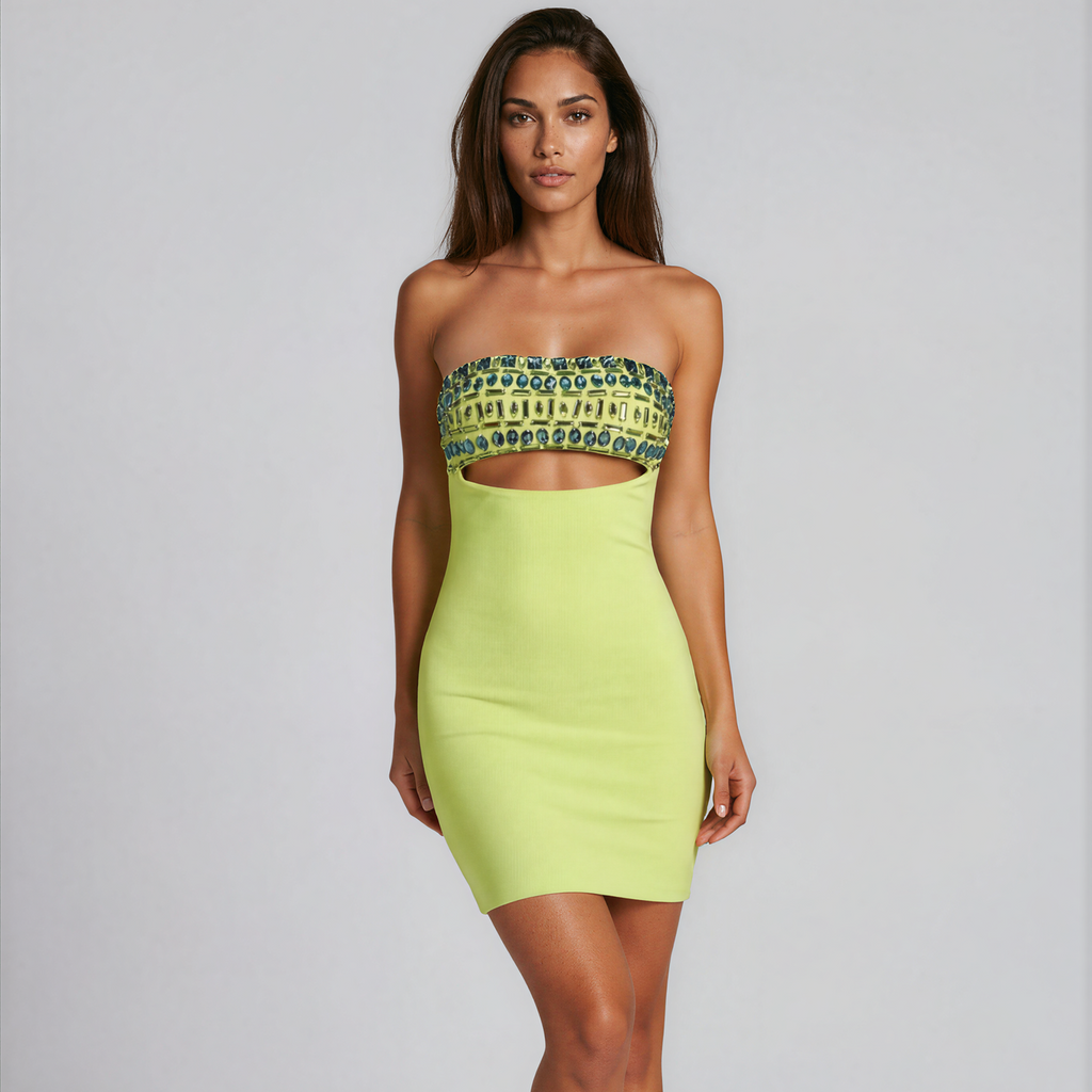 Zoravine Crystal Cutout Bandage Dress – Strapless Bodycon Mini Dress