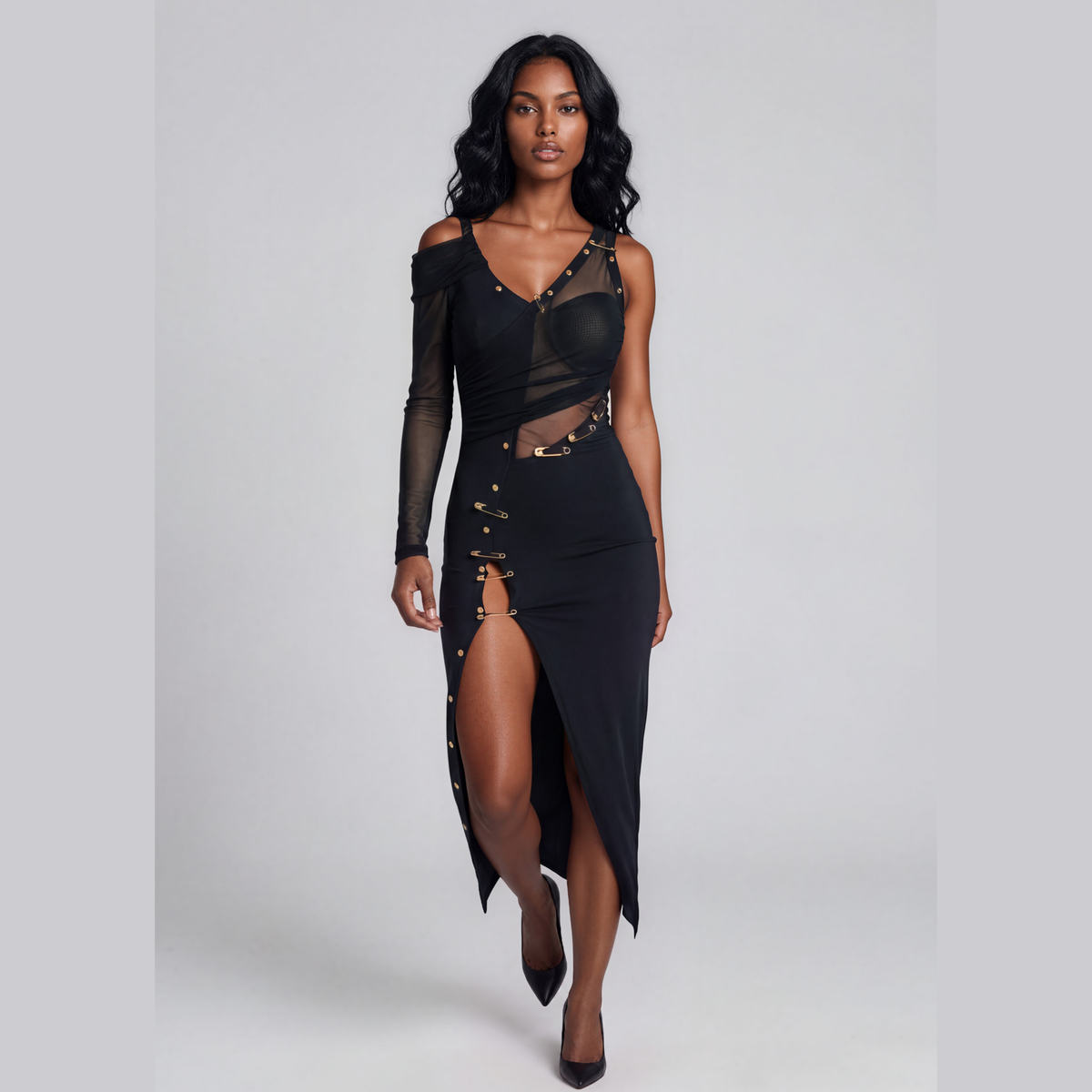 Lysandria – One Shoulder Safety Pin Bandage Evening Dress