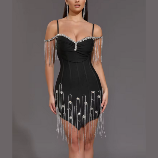 Romy -  Black Rhinestone Beading Bandage Dress