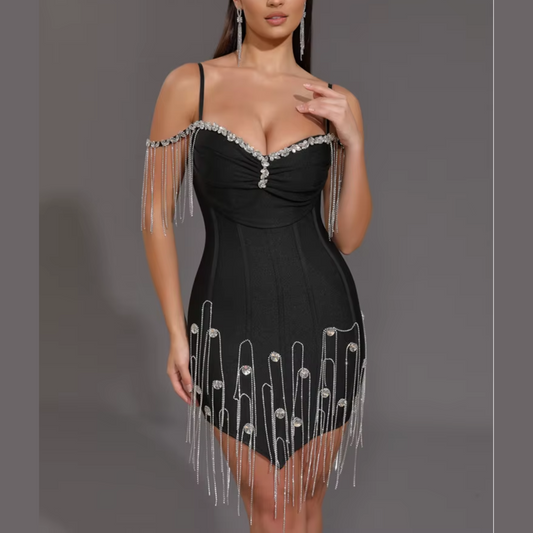 Romy -  Black Rhinestone Beading Bandage Dress