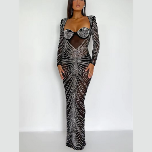 Letitia - Black Mesh Silver Embellished Maxi Bodycon Dress