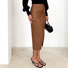 Matalia - High Waist Faux Leather Midi Skirt