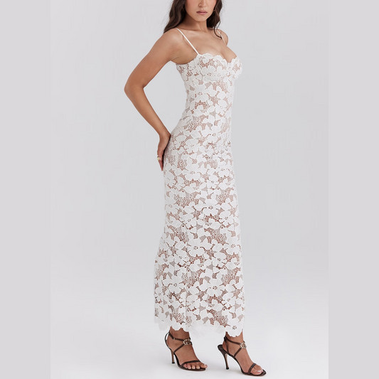 Mathilde - White Lace Up Floral Embroidered Maxi Dress