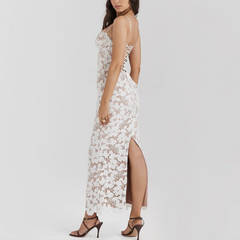 Mathilde - White Lace Up Floral Embroidered Maxi Dress