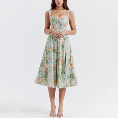 Valencia - Green Floral Print Lace Up A-Line Dress