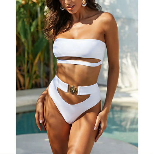 Corinna - White Bandeau High Waist Bikini Set