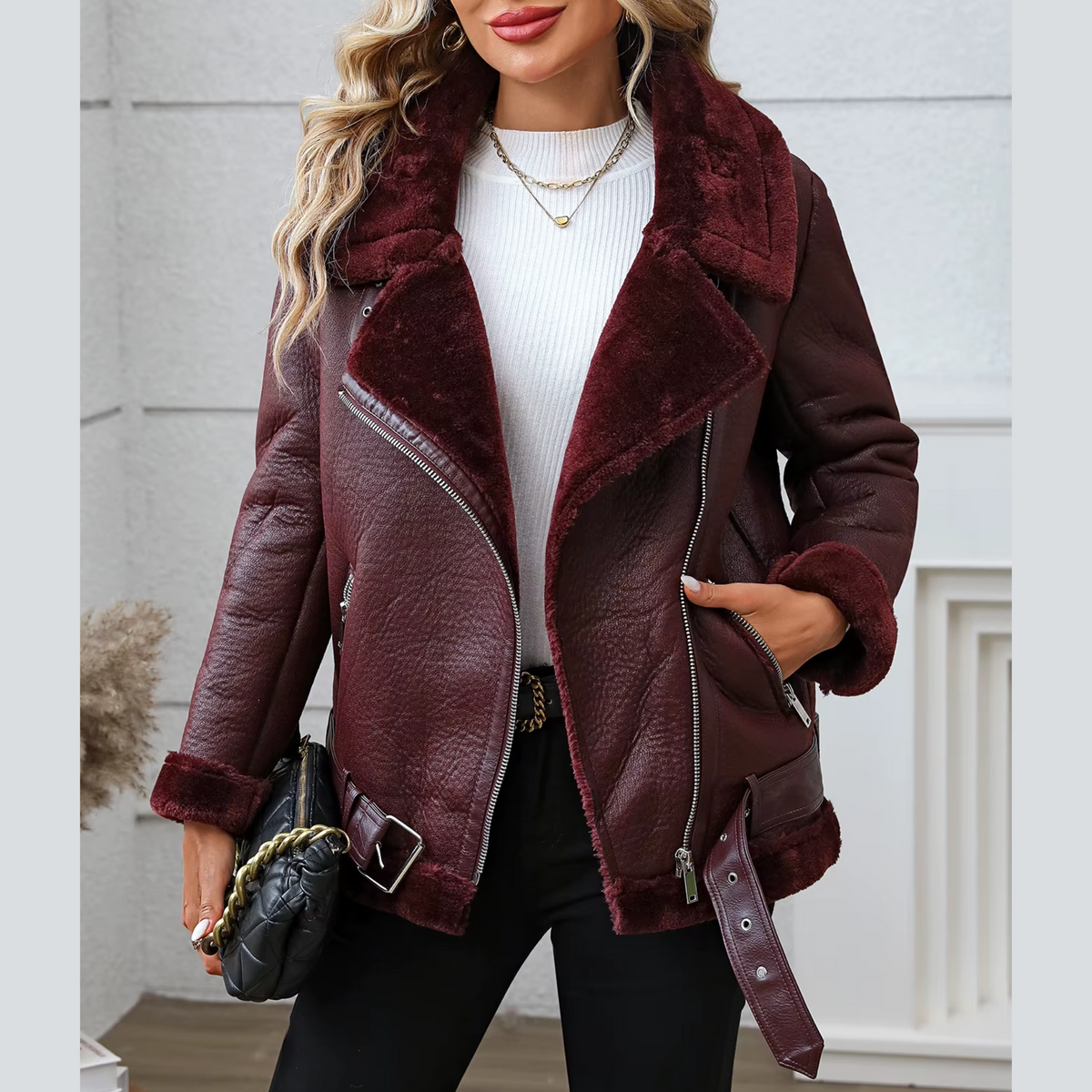 Pia - Burgundy Faux Leather & Fur Jacket