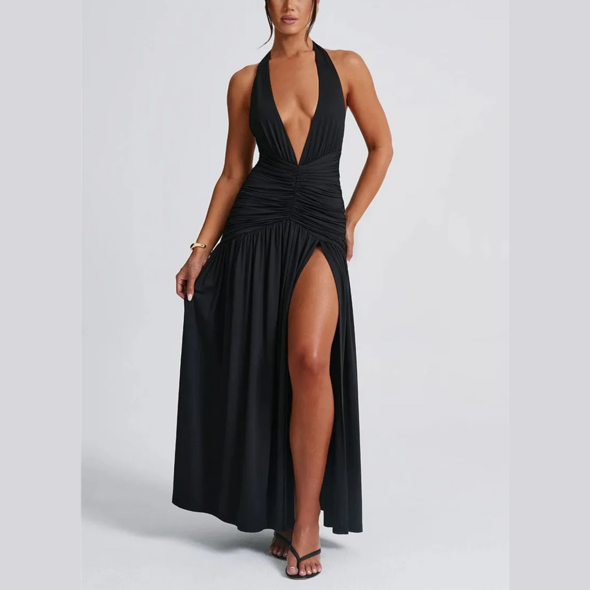 Rosalia - Black Deep V Halter Neck Backless Maxi Dress Model Mannequin Rosalia - Black Deep V Halter Neck Backless Maxi Dress Model Mannequin