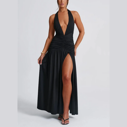 Rosalia - Black Deep V Halter Neck Backless Maxi Dress