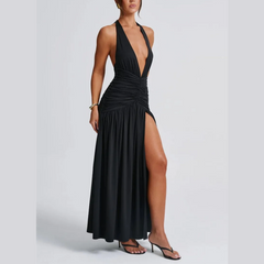 Rosalia - Black Deep V Halter Neck Backless Maxi Dress