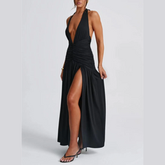 Rosalia - Black Deep V Halter Neck Backless Maxi Dress