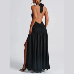 Rosalia - Black Deep V Halter Neck Backless Maxi Dress