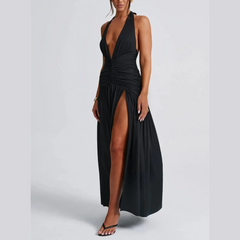 Rosalia - Black Deep V Halter Neck Backless Maxi Dress