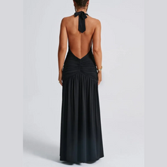 Rosalia - Black Deep V Halter Neck Backless Maxi Dress