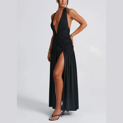 Rosalia - Black Deep V Halter Neck Backless Maxi Dress