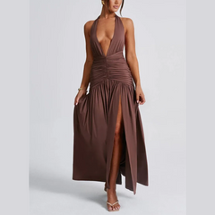 Rosalia - Brown Deep V Halter Neck Backless Maxi Dress