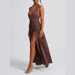 Rosalia - Brown Deep V Halter Neck Backless Maxi Dress