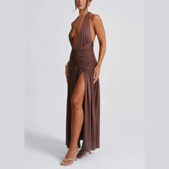 Rosalia - Brown Deep V Halter Neck Backless Maxi Dress