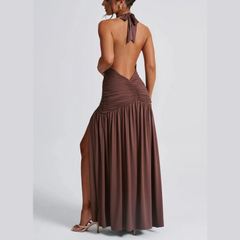 Rosalia - Brown Deep V Halter Neck Backless Maxi Dress