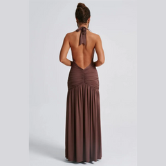 Rosalia - Brown Deep V Halter Neck Backless Maxi Dress