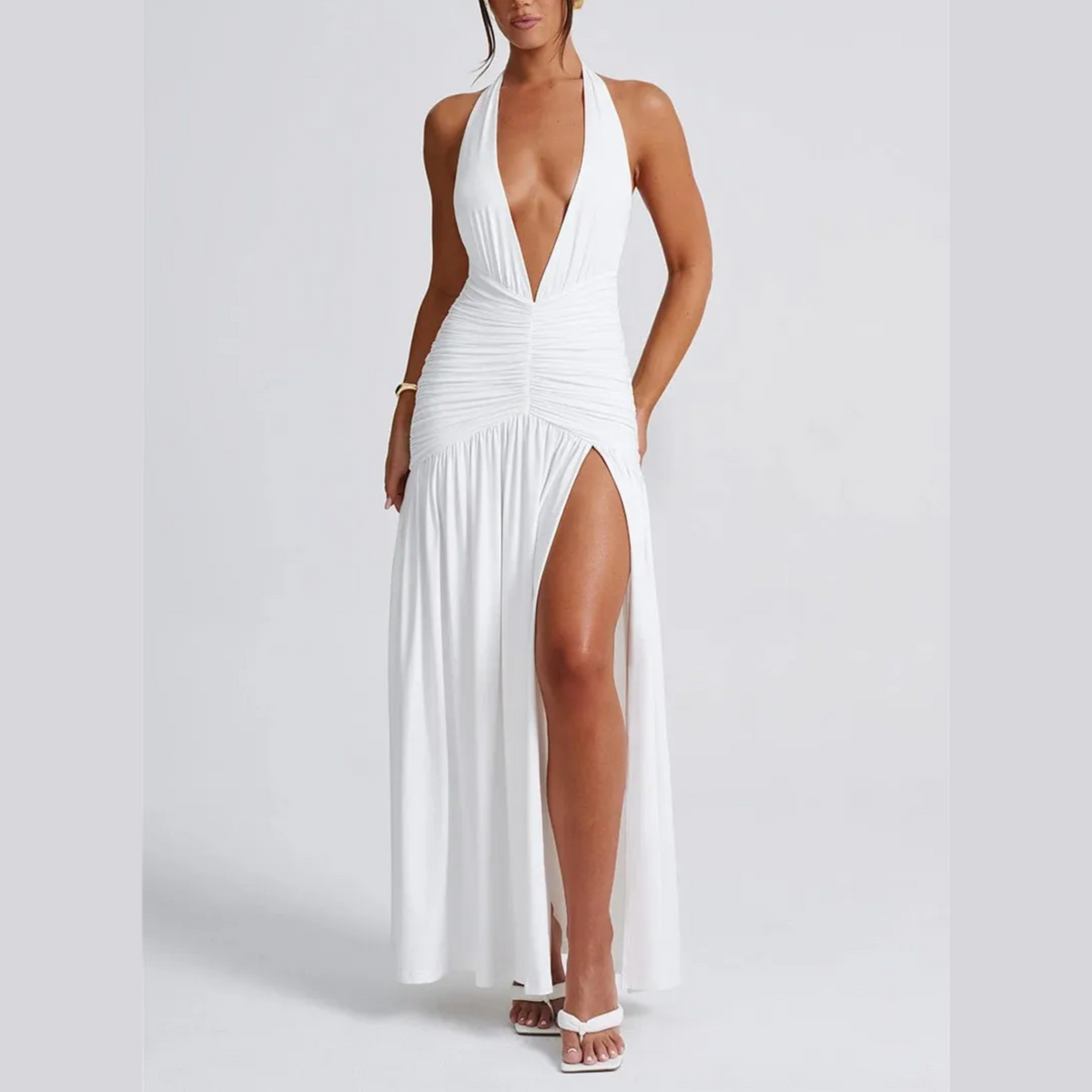Rosalia - White Deep V Halter Neck Backless Maxi Dress Model Mannequin Rosalia - White Deep V Halter Neck Backless Maxi Dress Model Mannequin