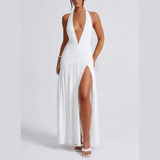 Rosalia - White Deep V Halter Neck Backless Maxi Dress