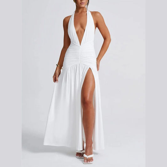 Rosalia - White Deep V Halter Neck Backless Maxi Dress