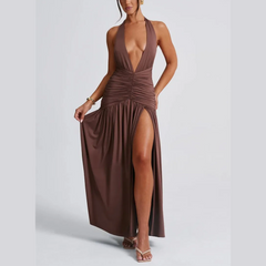 Rosalia - Brown Deep V Halter Neck Backless Maxi Dress