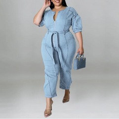 Calyssia – Plus Size Denim Belted Jumpsuit