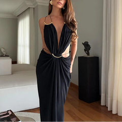Solenne – Plunge Draped Open Back Maxi Dress