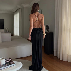 Solenne – Plunge Draped Open Back Maxi Dress