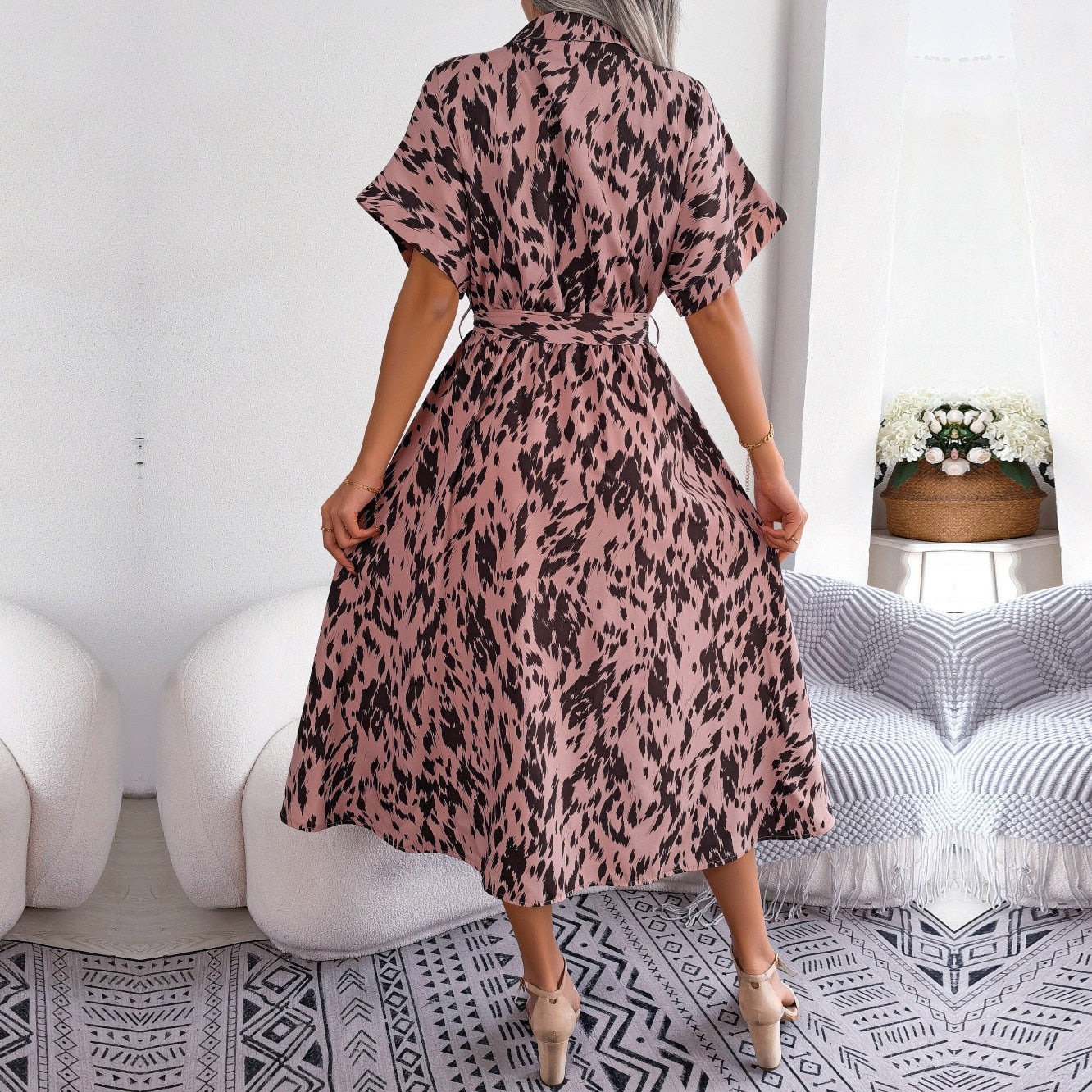 Shauna - Pink Leopard Print Midi Shirt Dress