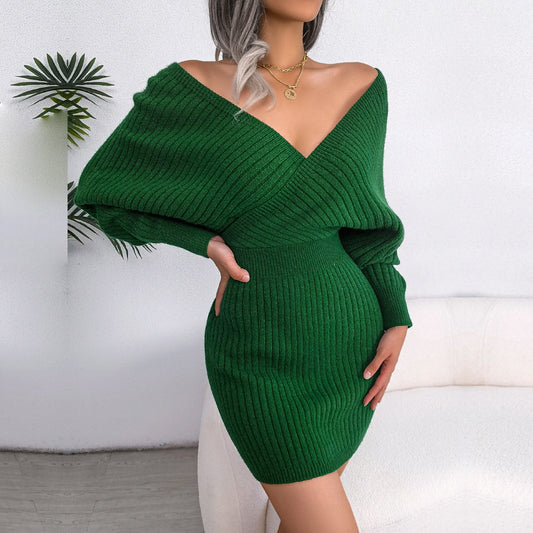 Tilly - Green Batwing Sleeves Ribbed Sweater Dress
