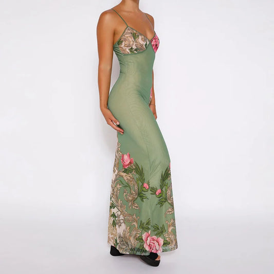 Deanna  - Green Sleeveless Floral Print Maxi Dress