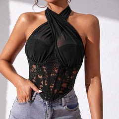 Maggie - Lace Mesh Cross Halter-Neck Top