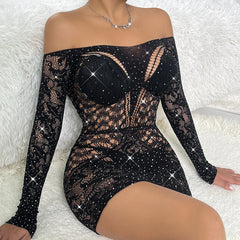 Cinzia - Black Fishnet Off The Shoulder Sparkle Dress