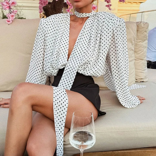 Ilianna - Polka Dot Chiffon Tie-Neck Blouse
