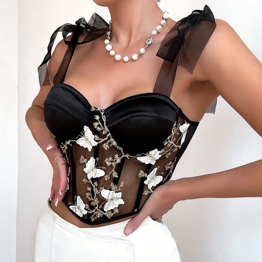Adhara - Black Mesh Corset Crop Top