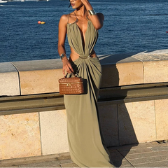 Solenne – Plunge Draped Open Back Maxi Dress