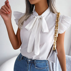 Britney - White Ruffle Cap Sleeves Tie Neck Top